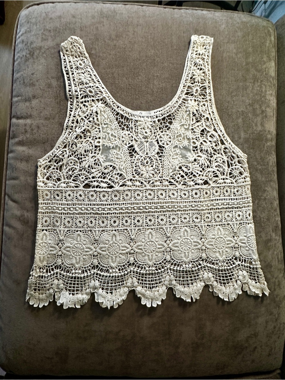LUDI 100% Cotton Boho Lace Crochet Cream Ivory Tank Top Sz Small Festival Summer